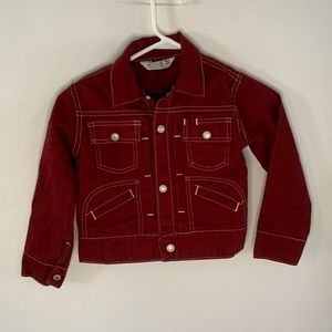 Vintage Towncraft maroon denim jean jacket with white stitching. size Medium
